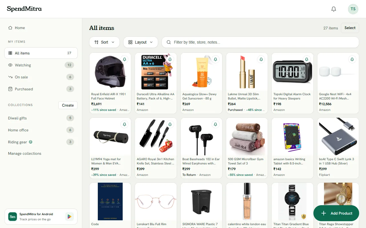 My Items on SpendMitra: a grid of saved products with prices, drops since saved and collections in the sidebar